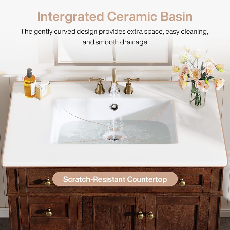 36'' Freestanding Bathroom Vanity with Integrated Ceramic Sink, Tip-Out Drawer, Door Organizer