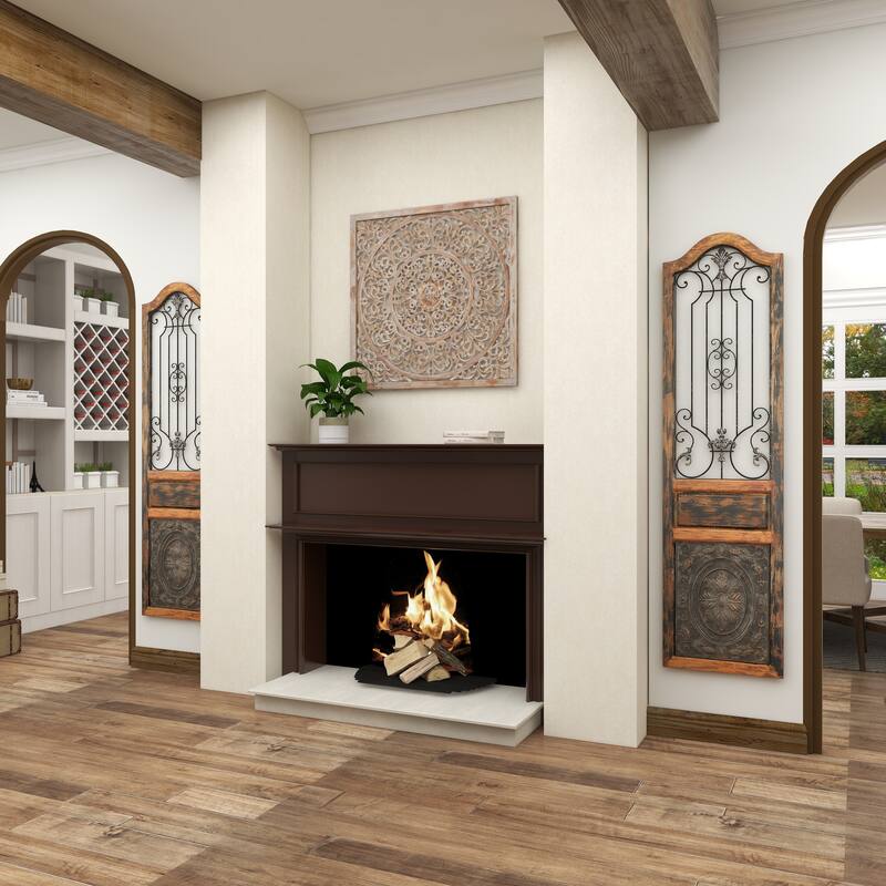 Gray Wooden Handmade Carved Scroll Mandala Floral Home Wall Decor with Brown Distressing