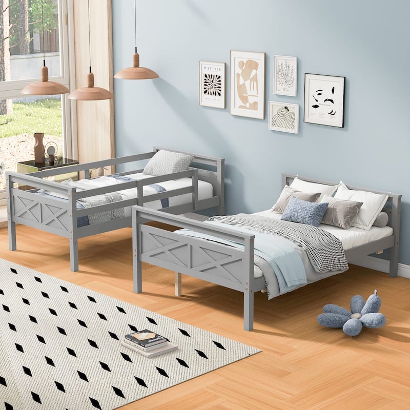 Gray Twin over Full Size Pine Wood Bunk Bed with ladder, Safety Guardrail, Perfect for Bedroom