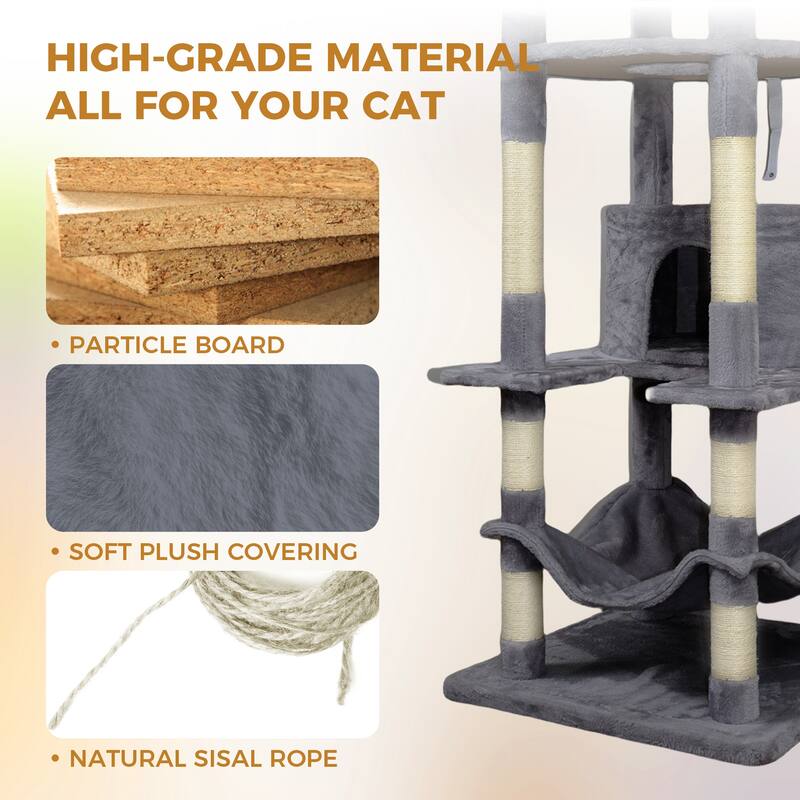 78.8 in Dark Gray Cat Tree Tower with Wide Base, 12 Sisal Scratching Post, Big Hammock,Many landing Perch and Interactive toy
