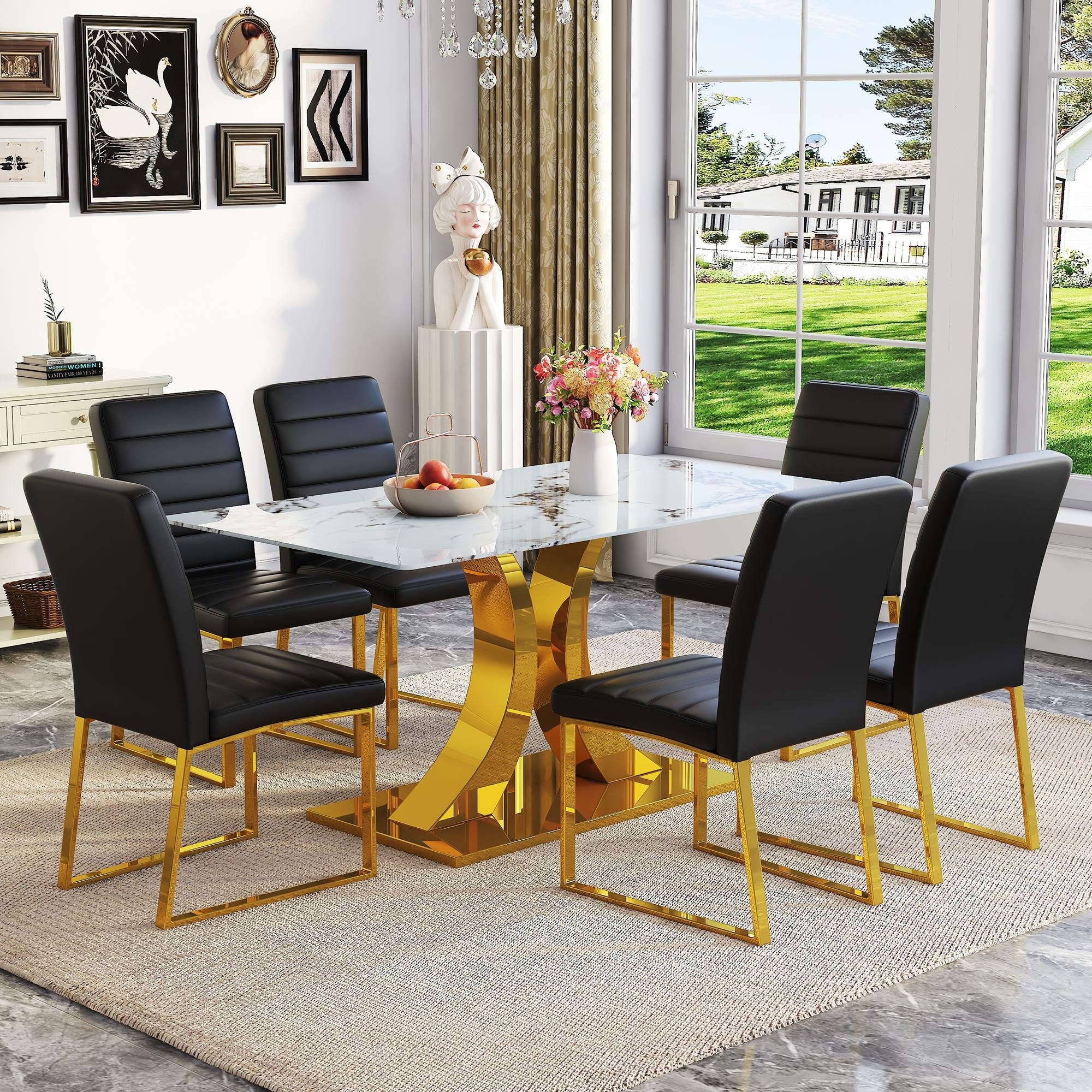 5-Piece Modern Tempered Glass Dining Table Set, 63-Inch Dining Table with 4 Minimalist Style Chairs
