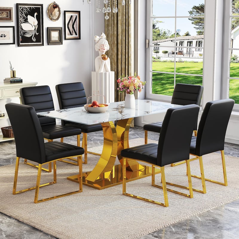5-Piece Modern Tempered Glass Dining Table Set, 63-Inch Dining Table with 4 Minimalist Style Chairs - Black,Golden