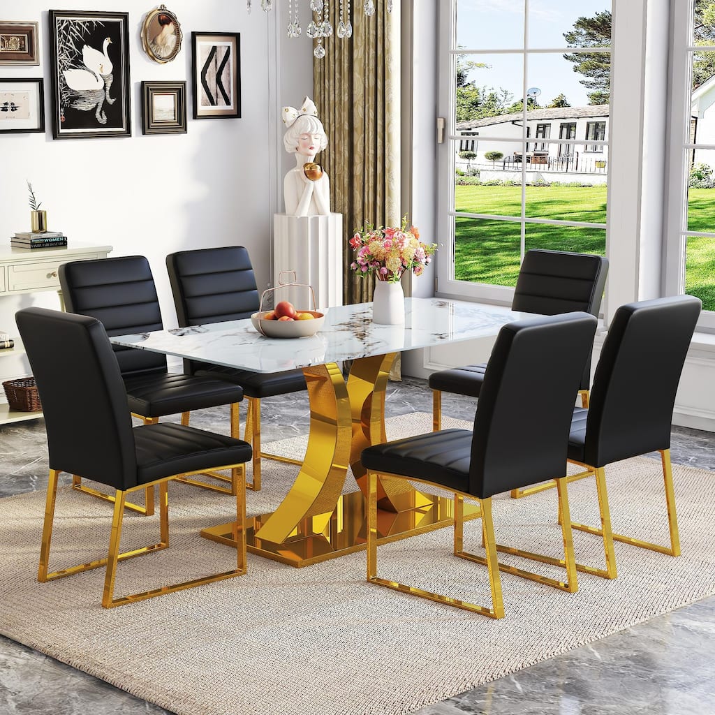 5-Piece Modern Tempered Glass Dining Table Set, 63-Inch Dining Table with 4 Minimalist Style Chairs