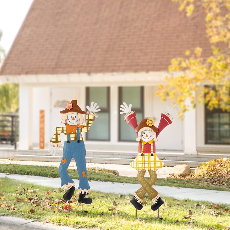 Glitzhome 36"H Set of 2 Fall Metal Cheerful Scarecrow Girl & Boy Yard Stake - A-Scarecrow