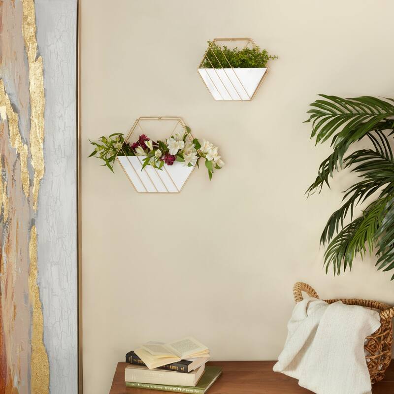 Metal Geometric Hanging Indoor Outdoor Wall Planter - Set of 2 White - Roche River Decor - 5"W x 12"L x 10"H