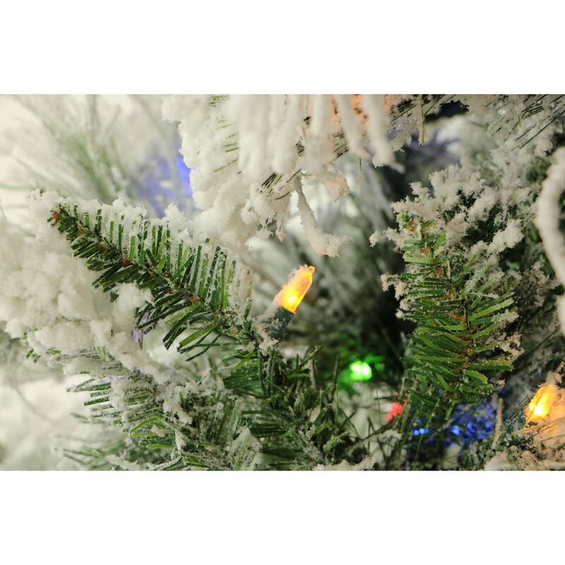 Fraser Hill Farm 12-Foot Flocked Snowy Pine Christmas Tree with Multicolor LED String Lighting