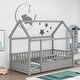 preview thumbnail 10 of 34, Twin/Full Size Floor Bed Wooden House-shaped Bed Frame with Fence Guardrails & Roof, Twin/Full Size Bed for Kids Boys Girls Grey - Twin