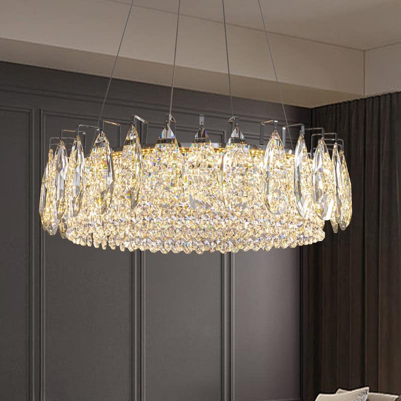 23.6 in. Chrome Crystal Chandelier Round Modern Chandelier Luxury Pendant Ceiling Light Fixture for Dining Room Living Room