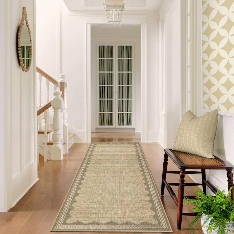 Scalloped Pattern Rugs for Living Room Bedroom Soft Non Slip Low Pile Throw Carpet Washable Foldable Area Rug - 2'x6' - Jute