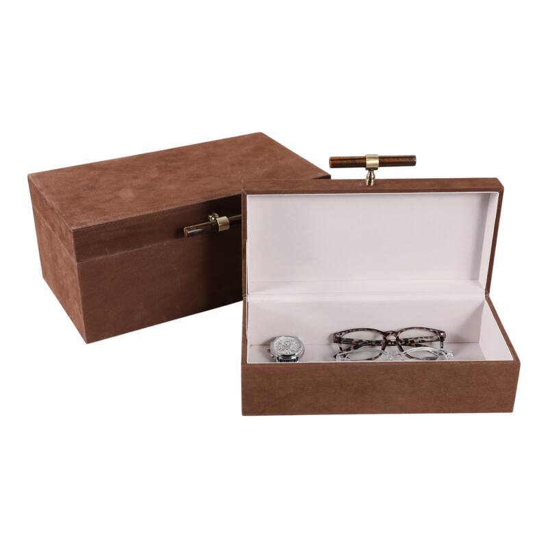 Decorative Retangular Suede Box with Lid - Set of 2, 14", Brown - 14.0"