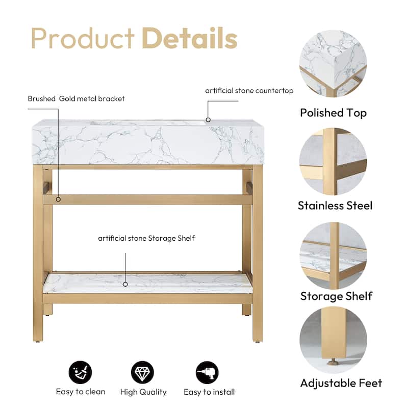 Ecija Bath Vanity, Metal Support with Composite Stone Top, no Mirror