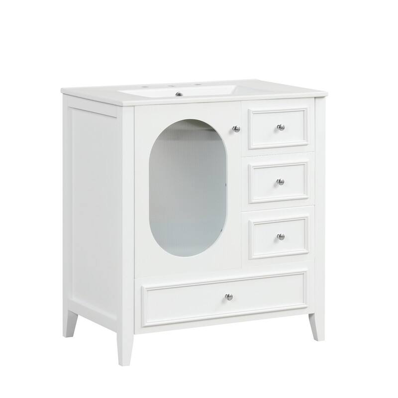 30" Stylish Bathroom Vanity with Sink, Bathroom Storage Cabinet with 3 Drawers, Solid Wood Frame and Glass Door
