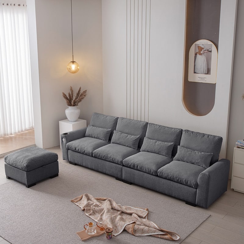 114.5" Modern Chenille L Shaped Sofa With Reversible Ottoman,Sectional Couch With USB Ports & Cup Holder