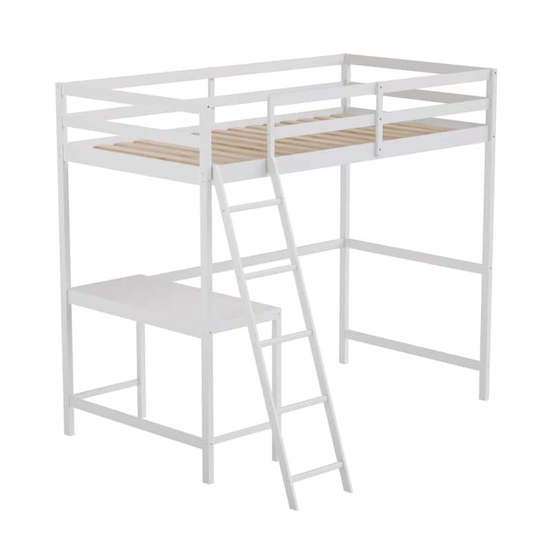 Traditional Wood Slat Loft Bed with Integrated Desk & Ladder