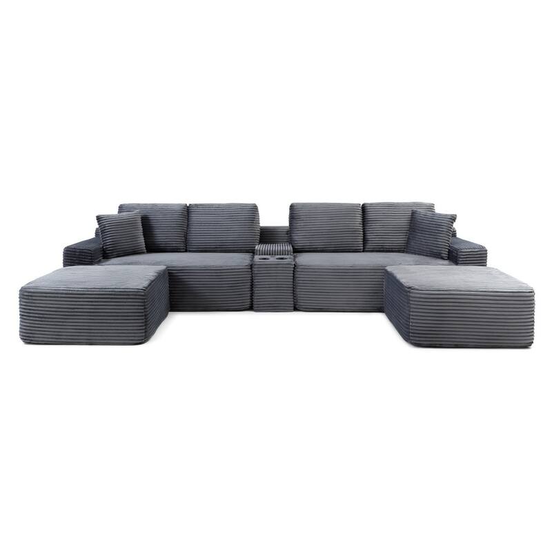 125'' U-Shaped Corduroy Sectional Sofa with Cup Holders, USB Ports and 2 Ottomans