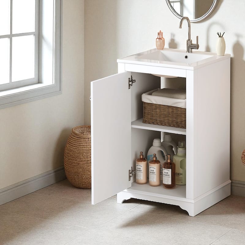 20 Inch Bathroom Vanity with Ceramic Sink, Freestanding Single Vanity Cabinet with Soft-Close Door and Adjustable Shelf
