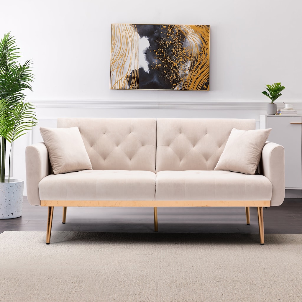 Velvet Upholstered Tufted Loveseats Sleeper Sofa With Rose Golden Legs