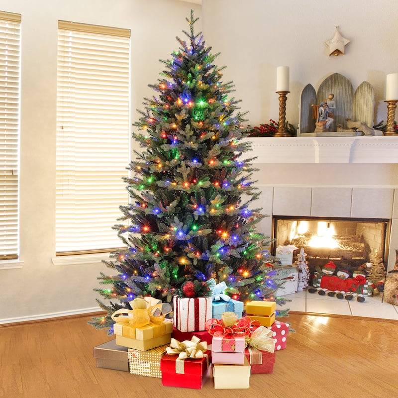 Gymax 7 FT Pre-Lit Artificial Christmas Tree Hinged Xmas Tree w/ 470