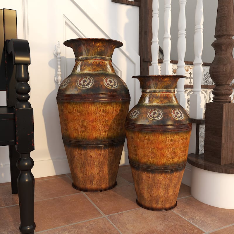 Brown Metal Indoor Outdoor Large Decorative Vase with Floral Relief (Set of 2)