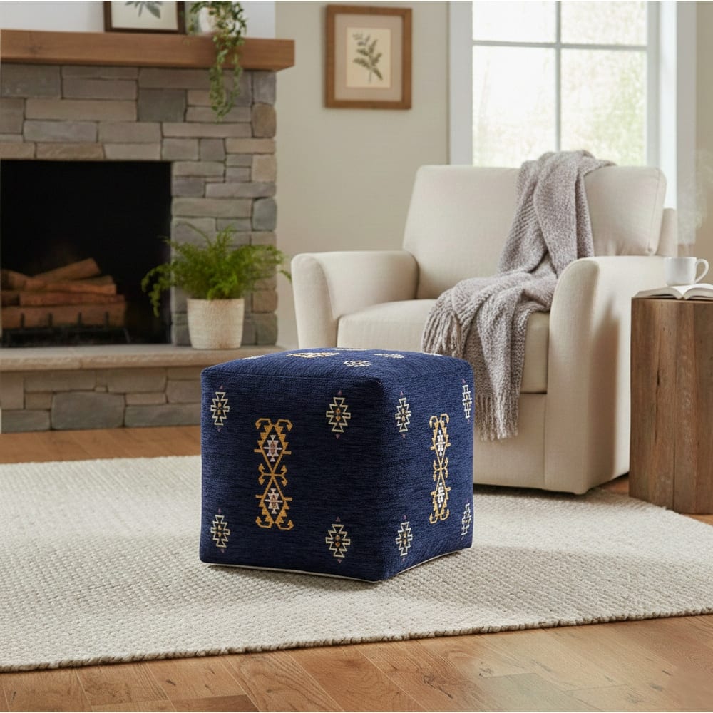Sevita Navy/Mustard Traditional Damask Polyester Blend Pouf