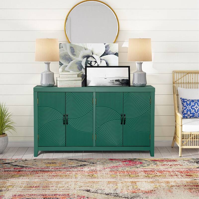 Sideboard Cabinet with 4 Doors & Metal Handles, Wooden Kitchen Pantry Cabinet, Entryway Table with 2 Storage Shelves - Dark Green