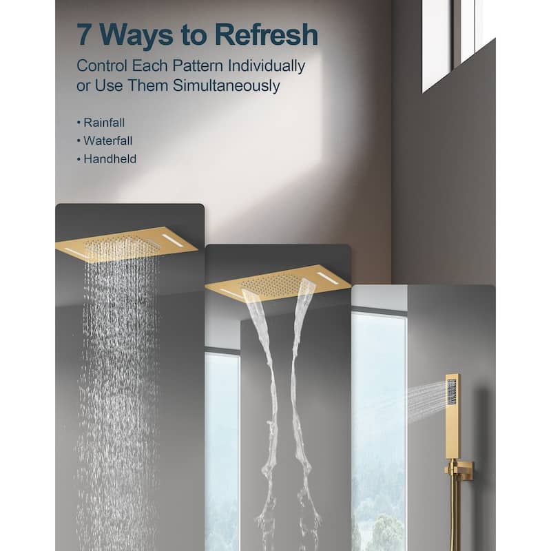 GRANDJOY LUXURY Shower System 22"x15" Ceiling Mount Rainfall & Waterfall Shower Head with Handheld Spray Como 64 Colors LED