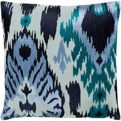 Dobra Blue Embroidered Ikat Poly Fill Throw Pillow (18" x 18")