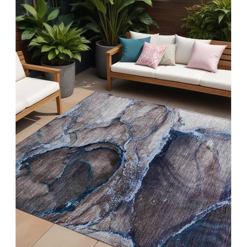 Fami Contemporary Abstract Weather Resistant Modern Chic Runner Outdoor Rug - 9' X 12' - Blue