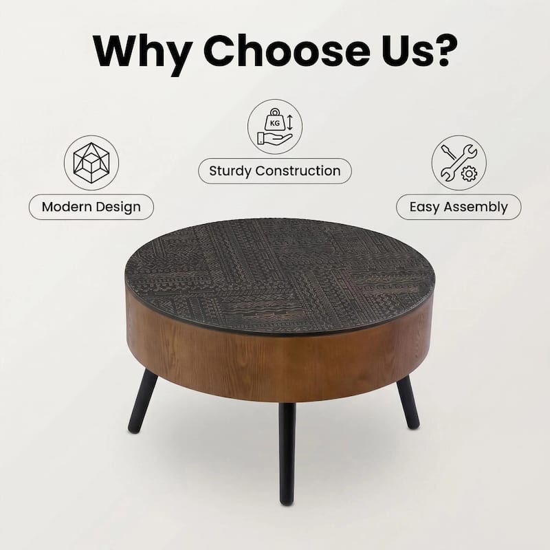 GDFStudio Veyrion Carved Round Coffee Table with Storage and Mid-Century Modern Design