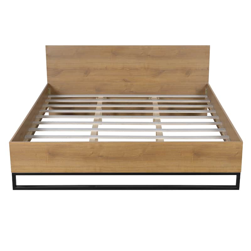 Hybrid Wood and Metal Bed Frame with Natural Finish and Black Accents, Sturdy Design