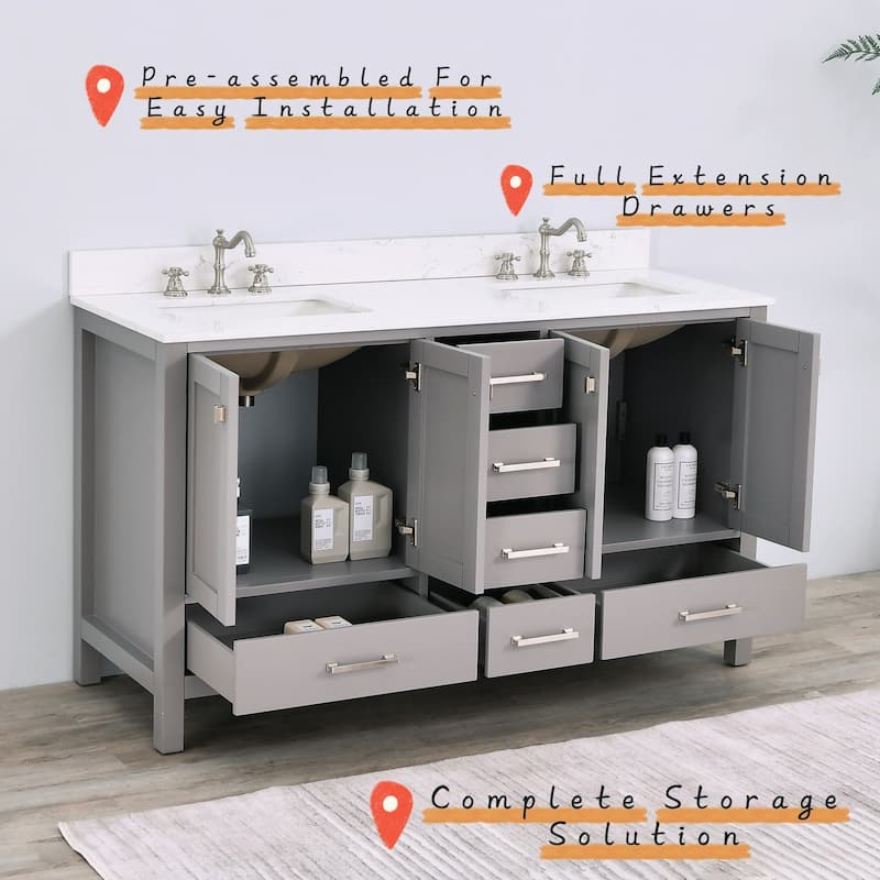 Prismosaic 60 in. Lunar Gray Vanity with Countertop & Splash, Double Sinks