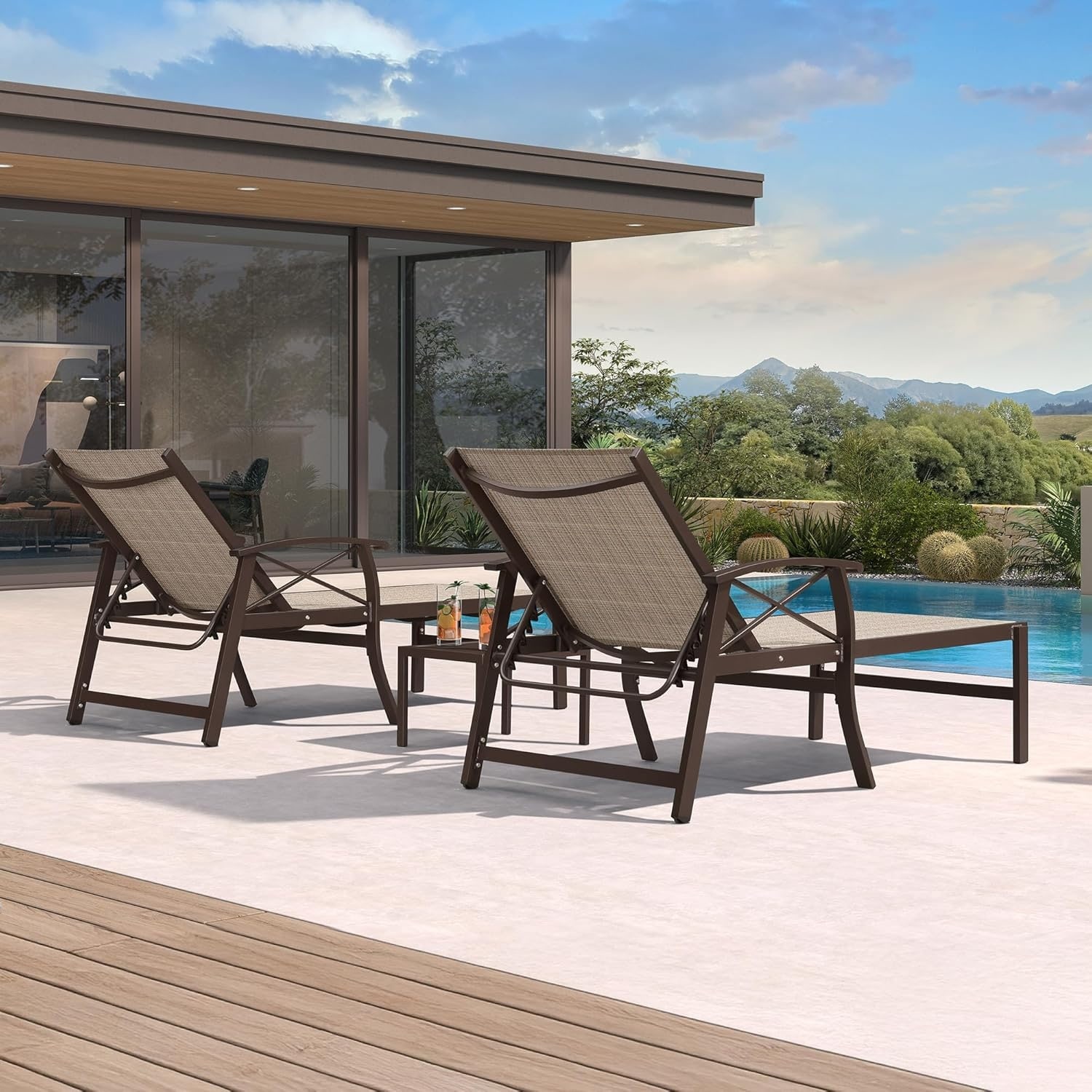 Outdoor Aluminum Chaise Lounge Chair, Adjustable Recliner with Wheels & Side Table, for Patio Pool Beach