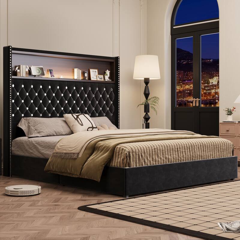 Roomfitters Velvet Tufted Platform Bed with Charging Ports, Tall Wingback Headboard with Rivet Trim and Shelf