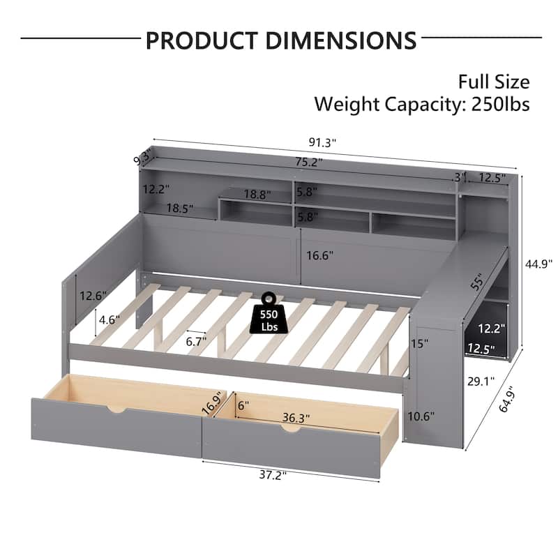 Full Size Wood Daybed with Storage Shelves,Two Drawers and Study Desk