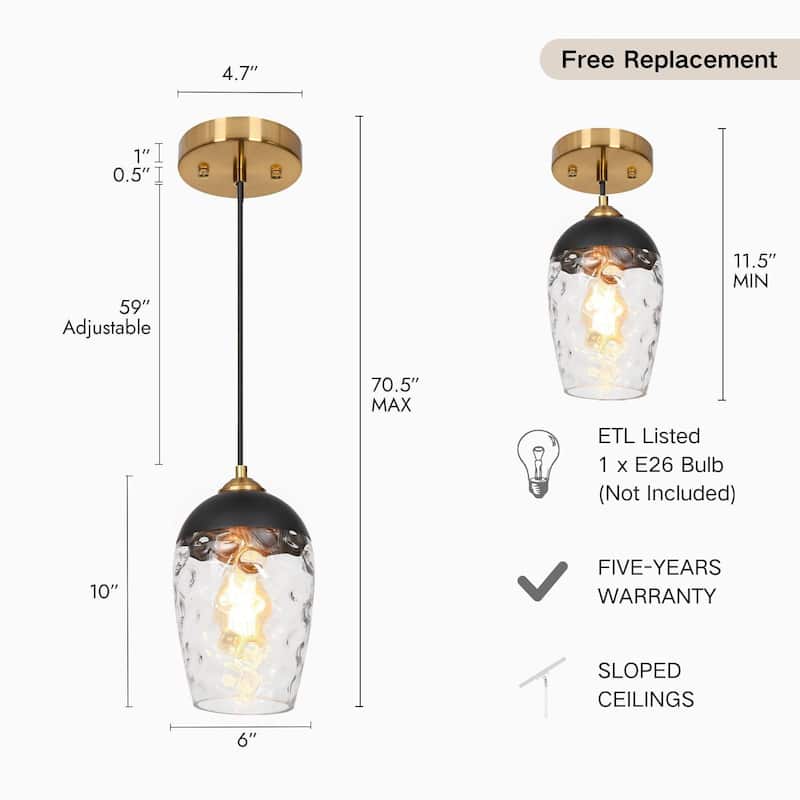 Modern Contemporary Black Gold Hammered Glass Kitchen Island Pendant Light for Dining Room
