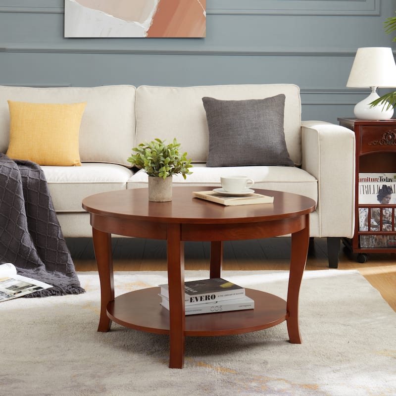 Traditional Round Coffee Table with Open Storage Shelf,2-Tier Storage Wood Center Circle Accent Table for Living Room