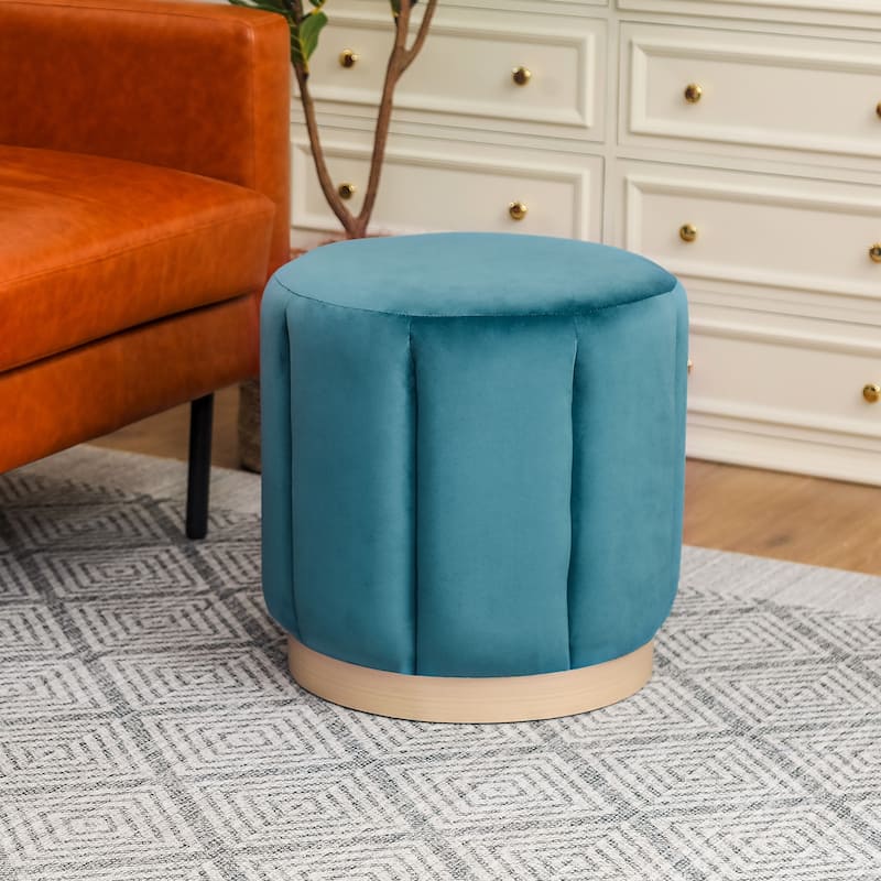 Adeco Round Upholstered Ottoman Flannelette Stool for Living Room - Blue