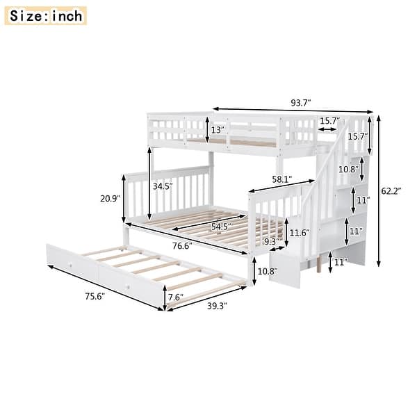 dimension image slide 0 of 2, Twin-Over-Full Stairway Bunk Bed with Twin Size Trundle, Solid Wood Storage Bedframe with Safety Guardrail for Bedroom, Dorm