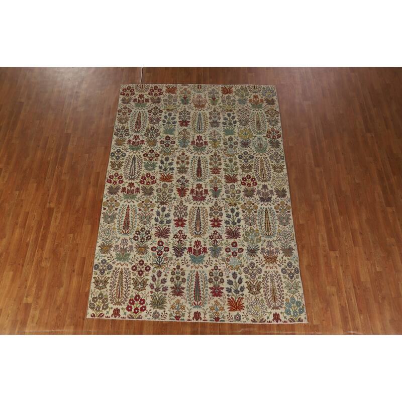 Hand Knotted Oriental 100% Wool Carpet Traditional All-Over Beige & Ivories Ziegler Area Rug - 9' 9'' X 6' 5''