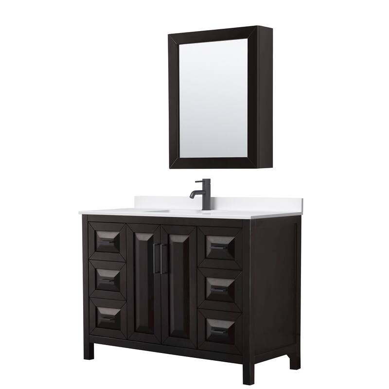 Daria 48-inch Single Vanity, Single Hole Quartz Top, Med Cabinet - Dark Espresso, Black Trim, White Quartz Top