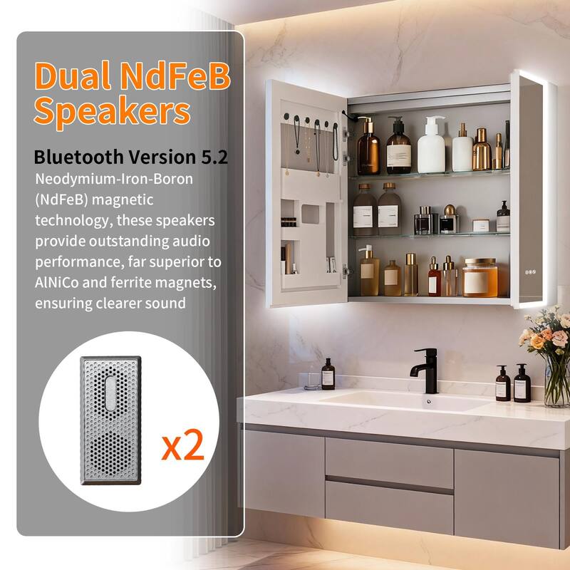 Wall Mounted Medicine Cabinet Bathroom Cabinet Jewelry Organizer with Bluetooth Dual Speakers Adjustable Glass Shelves