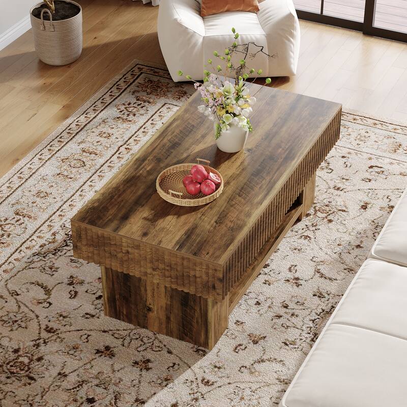 47-Inch Wood Coffee Table with Storage, Large Rectangular Center Table with Open Shelf for Living Room