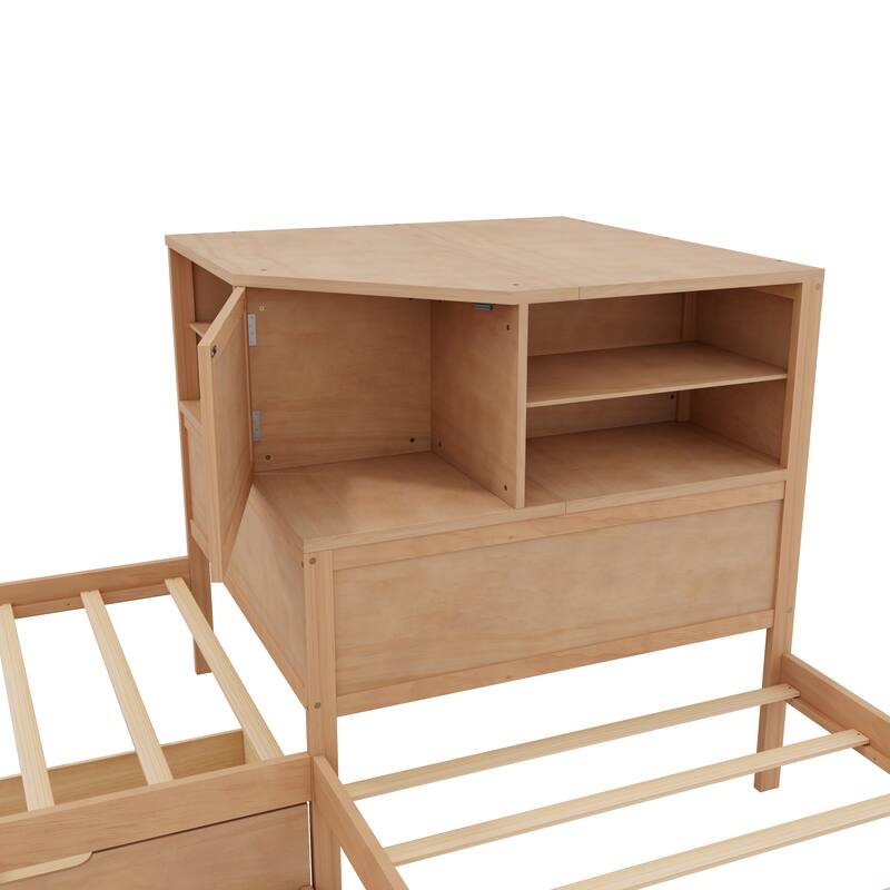 L-Shaped Combination Twin Bed Frame with Trundle and Drawer