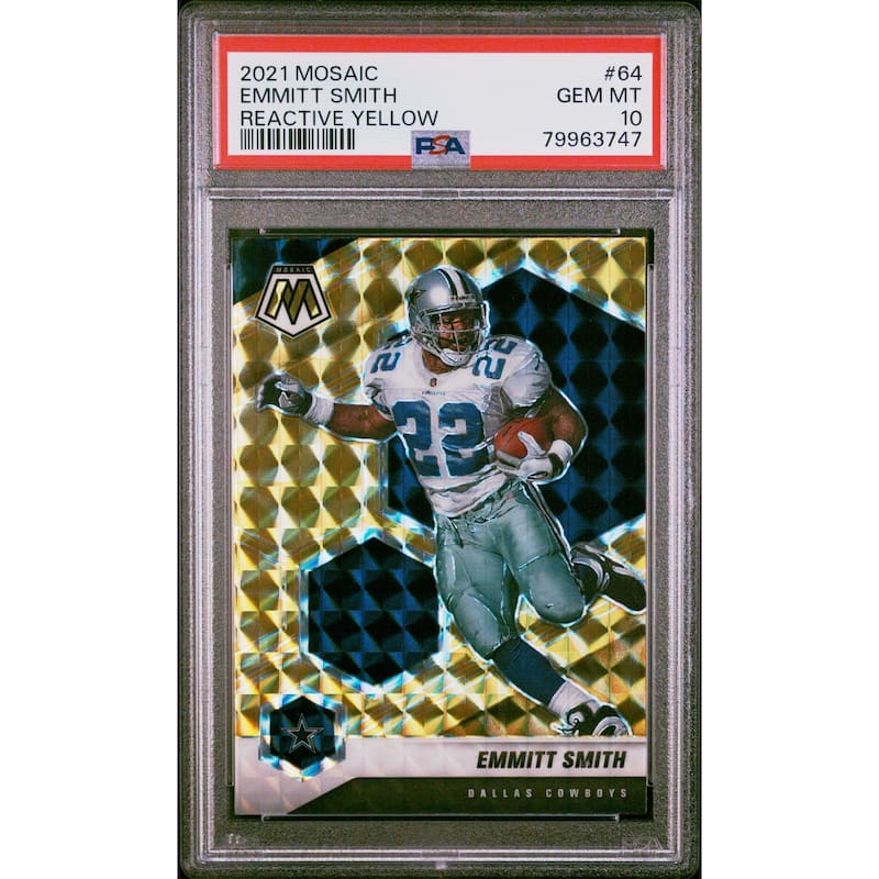Emmitt Smith 2021 Panini Mosaic Reactive Yellow Football Card #64 Graded PSA 10 - 8'6" x 11'6"