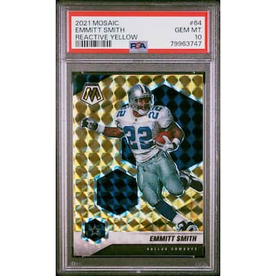 Emmitt Smith 2021 Panini Mosaic Reactive Yellow Football Card #64 Graded PSA 10 - 8'6" x 11'6"
