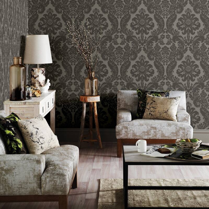 Isleton, Shadow Flocked Damask, 33 FT. L x 20.5In. W Wallpaper Roll