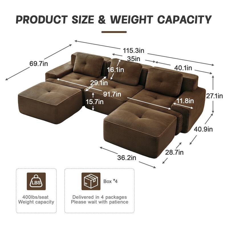 Roomfitters No Assembly Modular Sofa, 117 Inch Corduroy 3-Seater with Piping, Brown