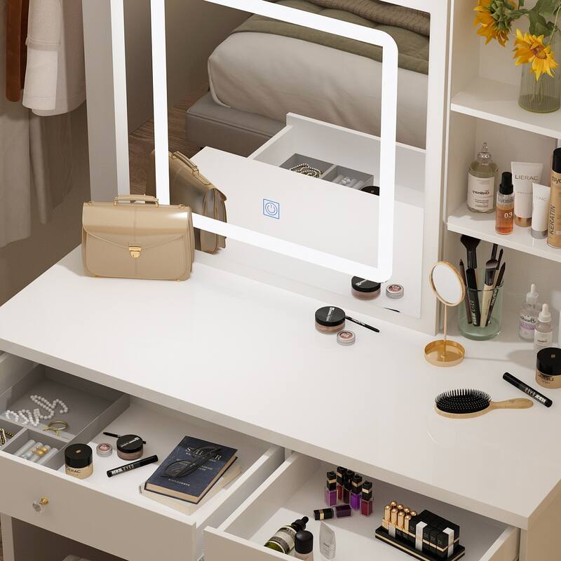 39.4'' Make up Vanity Set with Stool Mirror Hidden Storage Touch Light