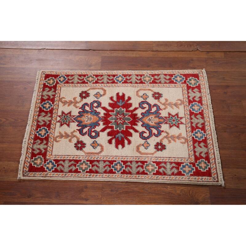 Hand Knotted Oriental 100% Wool Carpet Traditional Geometric Beige & Ivories Kazak Area Rug - 2' 10'' X 1' 10''