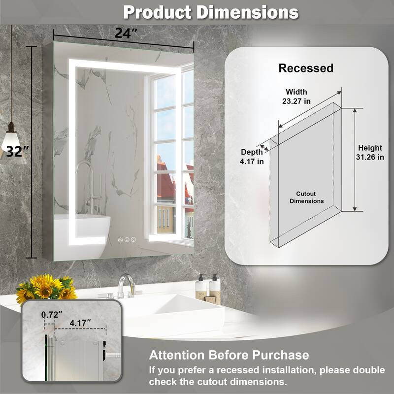 Rectangular Aluminum Recessed/Surface Mount Frameless Anti-Fog Medicine Cabinet with Dimmable LED Lights